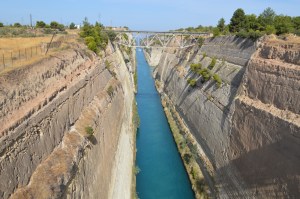 the Corinth Canal: 3.9 miles long, 82 feet wide, 300 feet from the water to the top